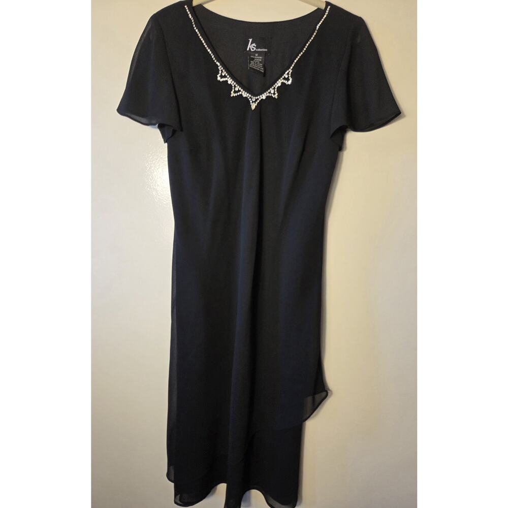 Vintage KS Collection Womens 12 Black Mid Length Dress Short Sleeve Rhinestones